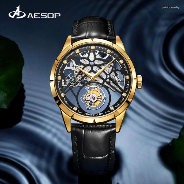 Relógios de pulso Aesop Men's Tourbillon Watch Mechanical Watch Full Transparent Star Fashion Business Trend impermeável