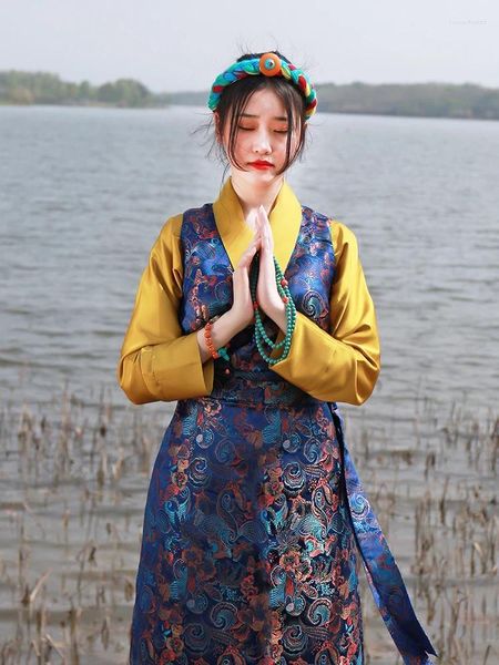 Abbigliamento etnico primaverile ed estate gonna senza maniche abito in stile blu cinese