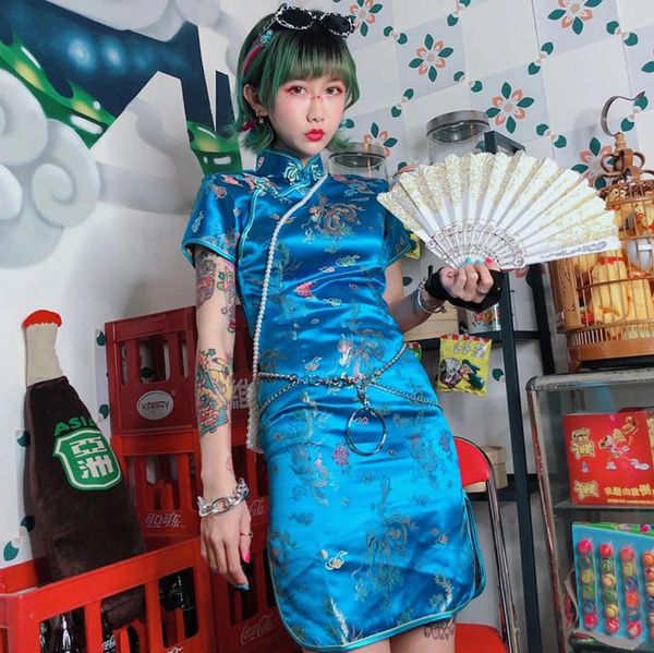 Etnik kıyafet artı boyutu brokar ejderhaları Phoenixes cheongsam kadın qipao yenilik çin elbisesi seksi ince bölünmüş vestidos cosplay kostümler
