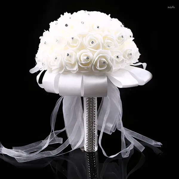 Dekorative Blumen künstliche Hochzeitssträuße Simulation weiße Rose mit Bändern Strassbrautjungfer Brautparty Wohnkultur