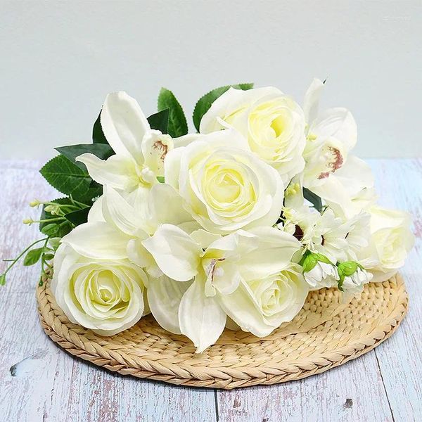 Dekorative Blumen künstliche rote Rose Seiden Orchidee gemischte Simulation Bouquet Hochzeit Braut Halten Home Schlafzimmer Garten Desktop Dekorpflanzen