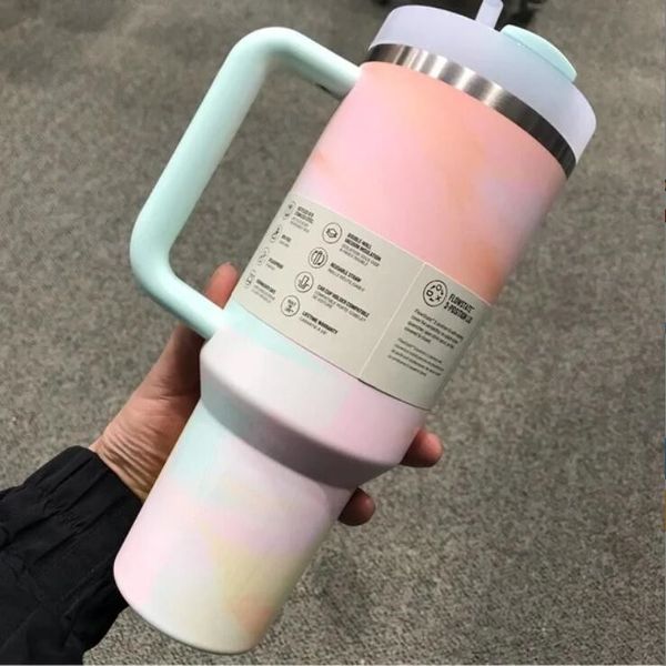 US -Stock 40 Unzen sauber 40 Schiefer warme kühle ruhige Pinselströke Quencher H2.0 40 Unzen Edelstahl Taumbler Tassen mit Griff Deckel und Strohhalm Pink White Black Car Becher