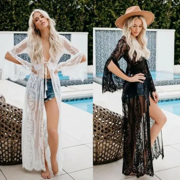 Frauen Spitze Häkelstrand Bikini Deckbedeckung Langer Kaftan Kleid Sommer Kimono Maxi Badeanzug Strandwege Maios de Banho