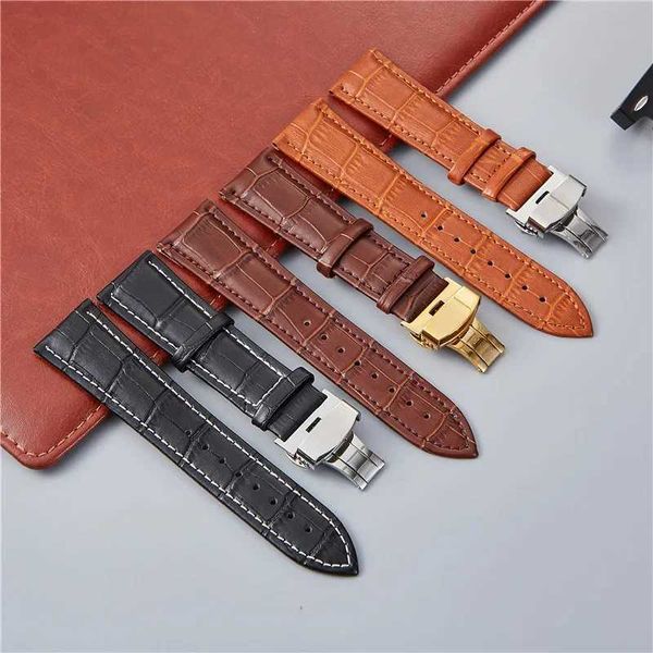 Assista Bandas Strapeira de couro genuíno Straping Business Strap 17/19/21/23 mm Butterfly Aço inoxidável Correia de fivela 16/18/20/22/24 mm Q240510