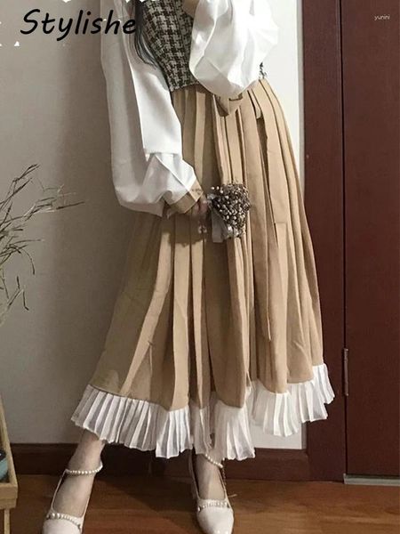 Röcke schnüren langen Rock Frauen Patchwork elegant Vintage Plissee hohe Taille Eine Linie Lose Koreanisch Lady Maxi Herbst Winter
