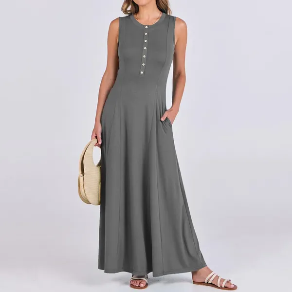 Vestidos casuais elegantes e cinza maxi vestido botão sem mangas mulheres verão com bolso boho praia tanque feminino