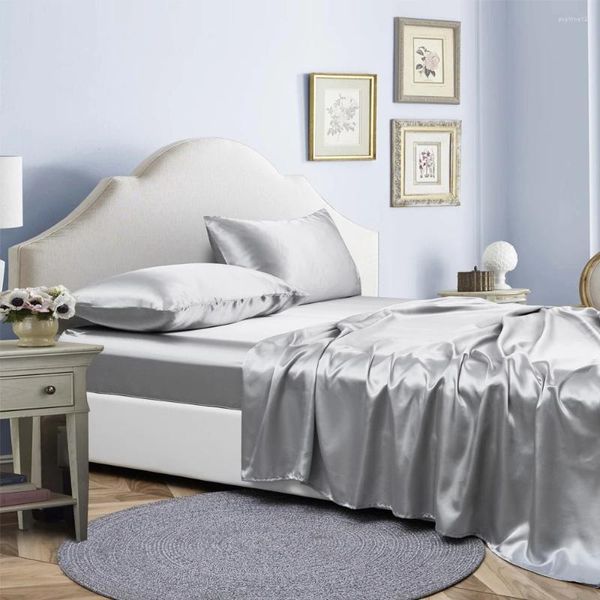 Set di biancheria da letto 4 pezzi in raso lino letto casa elastica fogli di set di set di set di seta e protezione materasso di lusso