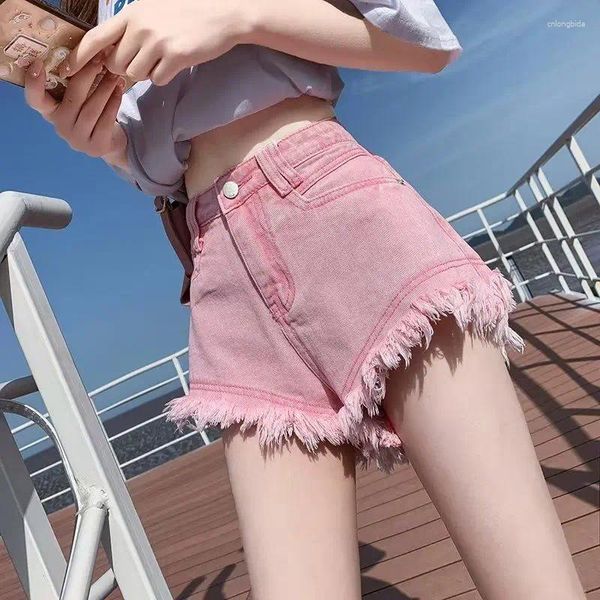 Shorts femminile 2024 Summer Summer Fringe Pink Fringe High Waist Denim Y2K Spicy Girl Jeans Sexy Women Sweet Slim A-Line