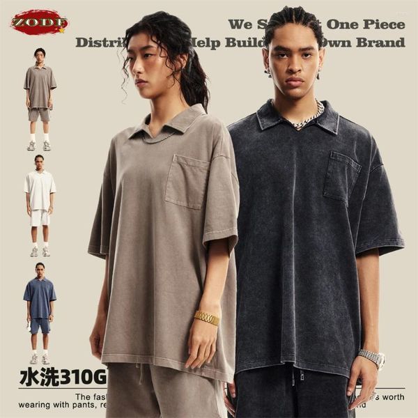 Magliette da uomo Zodf Fashion Summer Abbassa le magliette dei colletti per uomini unisex Women High Street 310gsm Lavata per polo in difficoltà