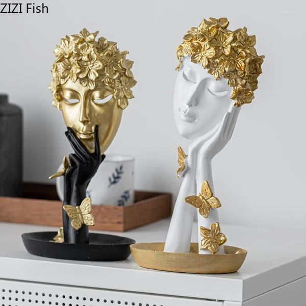 Estatuetas decorativas resina artesanato de artesanato dourado máscara de borboleta figura escultura abstrata face girl home decoração acessórios
