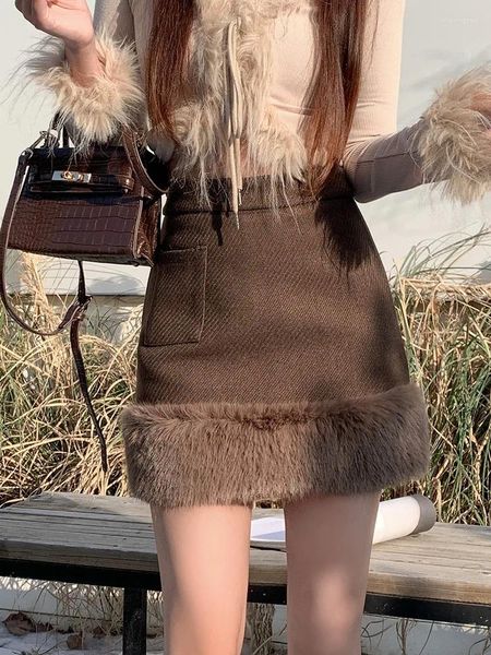 Röcke Französisch Modefell Rand Wolle Rock Hochwertiges Patchwork Plüsch gemütlich warm dicke, feste Farbe Herbst Winter Trend