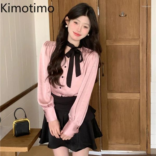 Camicette da donna Kimotimo Shirt da donna 2024 Malco di raso rosa primaverile Lace in pizzo a V Neck coreano Elegante moda a maniche lunghe