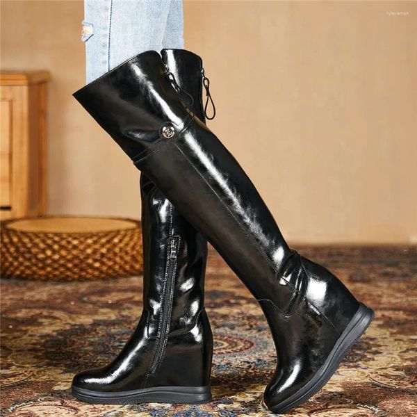 Stiefel Schuhe Frauen echte Lederkeile High Heel über dem Knie Schnee Weibliche Oberschenkelplattform Pumps lässig