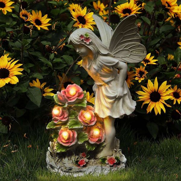 VoveExy Fatuetas Angel estátua Decoração ao ar livre, escultura de resina com energia solar com 5 LEDs decoração de arte para pátio alpendre do jardim, ornamento