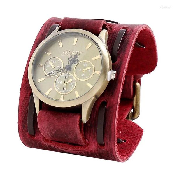 Relógios de pulso vintage watch masculino de pecão grande bracelete de discagem larga banda larga punk pu couather strap reloj hombre