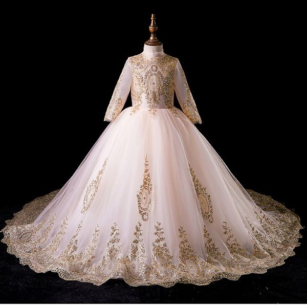 Çiçek Kız Düğün Prenses Gowns için Elbiseler Altın Sequin Dantel Çocuk Giysileri Resmi Akşam Partisi Birinci Komünyon Elbiseleri 267T