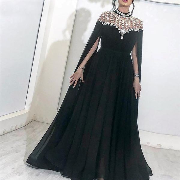 Черные вечерние платья с высокой шеей Caved Crystalls Chiffon Dubai Kftan Saudi Arabic Длинное вечернее платье выпускное платье 263f