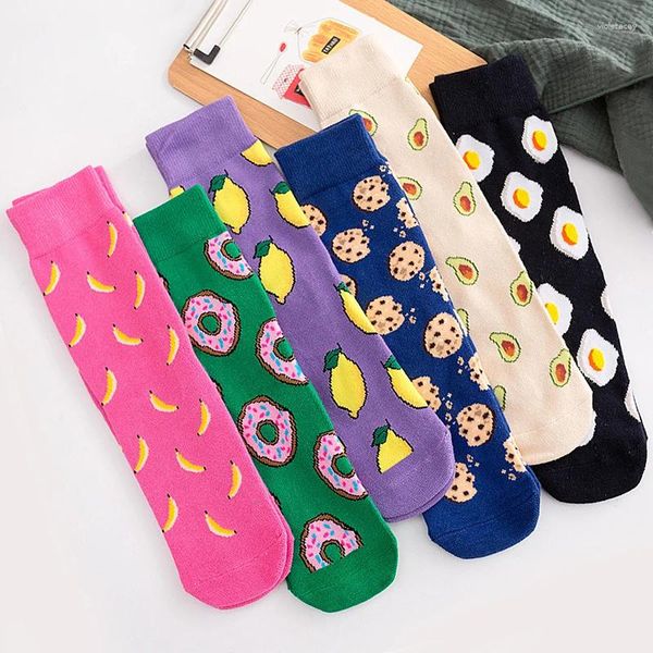 Frauen Socken farbenfrohe Frauen Sommer Baumwollfrüchte Banane Avocado Zitronen -Eier -Keks Donuts Food Happy Color Harajuku