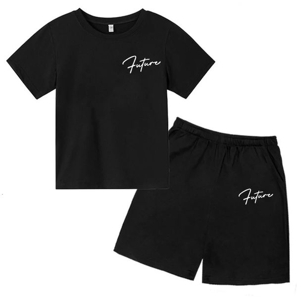 Einfache gedruckte Kinder Sommer Fashion Casual T -Shirt Anzüge 2024 Style Letter Muster Oneck Shorts 2 -Pieces Set 240511