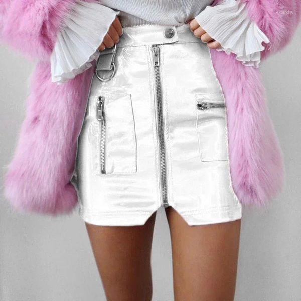 Röcke PU Leder sexy hohe Taille Rock Damen Frühling Herbst Elegante Mini Streetwear Pink Black Women Slim Reißverschluss Tasche