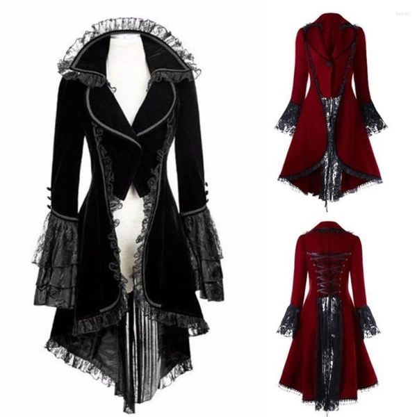 Sıradan Elbiseler Kadın Dantel Trim Dantel Yukarı Yüksek Alçak Steampunk Victorian Stil Gotik Ceket Ortaçağ Soylu Mahkeme Elbise Artı Boyut