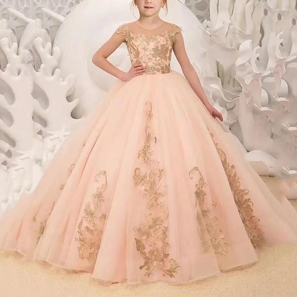 Abiti da ragazza Simple Light Peach Birthday Flower Dress Golden Appliques Button Wedding Party Fashion Show First Communione