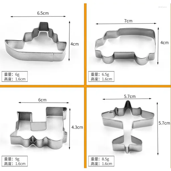 Backwerkzeuge 4pcs Fahrzeug Keksschneider Edelstahl geschnittene Süßigkeiten Keks Schimmel Kochauto Zugschiff Gebäckkuchen Fondantschneider Schimmelpilze