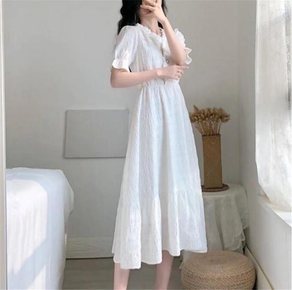 Vestidos casuais vestidos mulheres vintage white summer design meninas universitárias adoráveis bagunços de alta cintura elegante férias férias roupas