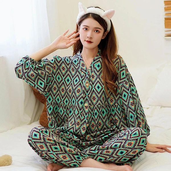 Домашняя одежда Женщины Креп Хлопко пижама весна лето дамы пижамные набор печати для печати 2 кусок свободный сексуальная ночная одежда гостиной одежды