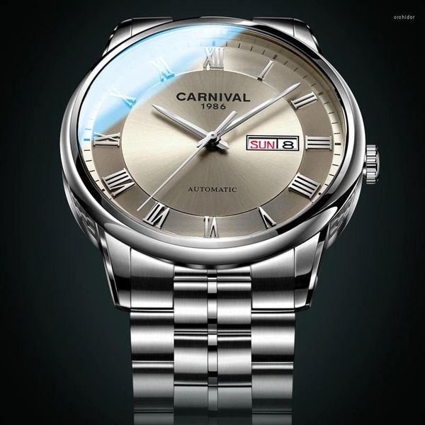 Armbanduhr Carnival Grey Roman Dial Business Uhren Miyota Automatische mechanische Uhr für Männer 3atm wasserdichte Stahl Reloj