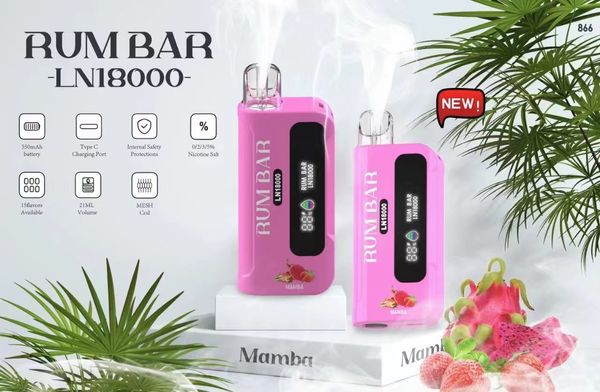 Cigarros eletrônicos Rum Bar 18000 Pushs 0% 2% 3% 5% 550MAH bateria21ml dispositivo preenchido Original Oils descartáveis Autorização Vape 15 sabores