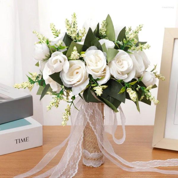 Flores decorativas Casamento buquê de rosa natural artificial com fita de cetim de seda rosa branco Champagne Bridesmaid Party Supplies