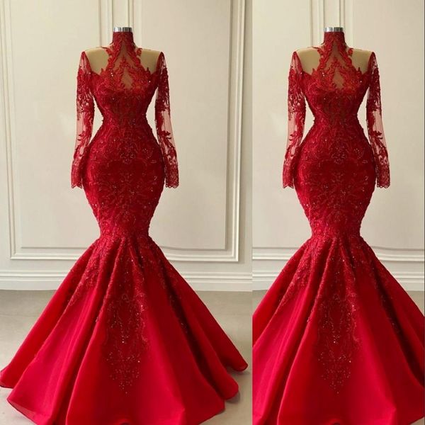 Rote Meerjungfrau Abendkleider 2021 hohe Nacken lange Ärmel Spitzenapplikation Pailletten Perlen bodenlange Satin Illusion Prom Party Ballkleid V 260W