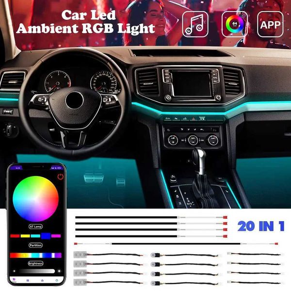 Luzes decorativas carro LED Ambiente RGB Light Strip Interior Fiber Optic Dual Zone 64 Cores Luz Universal Decoração do carro Controle de aplicativos para BMW T240509