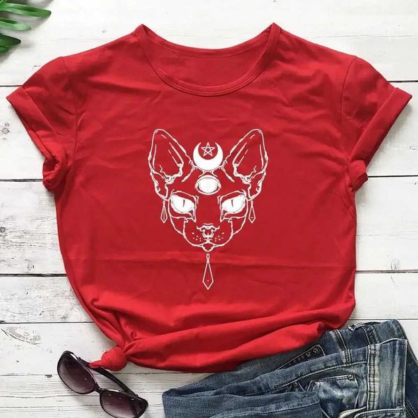 T-shirt femminile Y2K Shor Shves Sunmmer maglietta gotica pentagram moon gatto top di cotone divertente fit gurunge hipster casual moda tshirts y240509