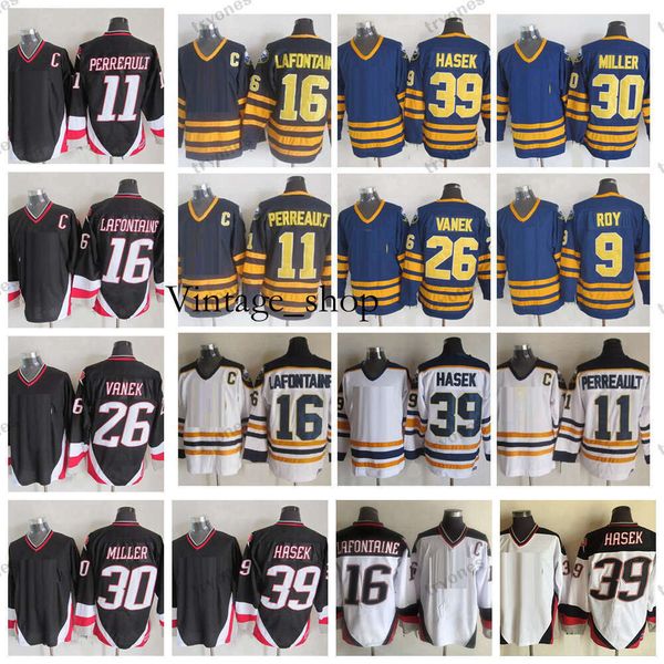 Vin Vintage Mens Hockey Maglie 16 Pat Lafontaine 11 Gilbert Perreault 39 Dominic Hasek 1992 CCM CCM Stitched Jersey 26 Thomas Vanek 9 Derek Roy 30 Ryan Miller Black Shirts