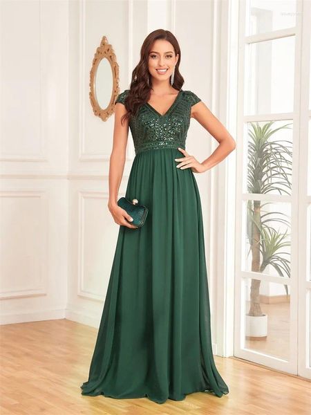 Partykleider Lucyinlove elegante Pailletten ärmellose Abendkleid Frauen 2024 V Hals Grüne Hochzeit Graduierung Prom Chiffon Cocktailkleider