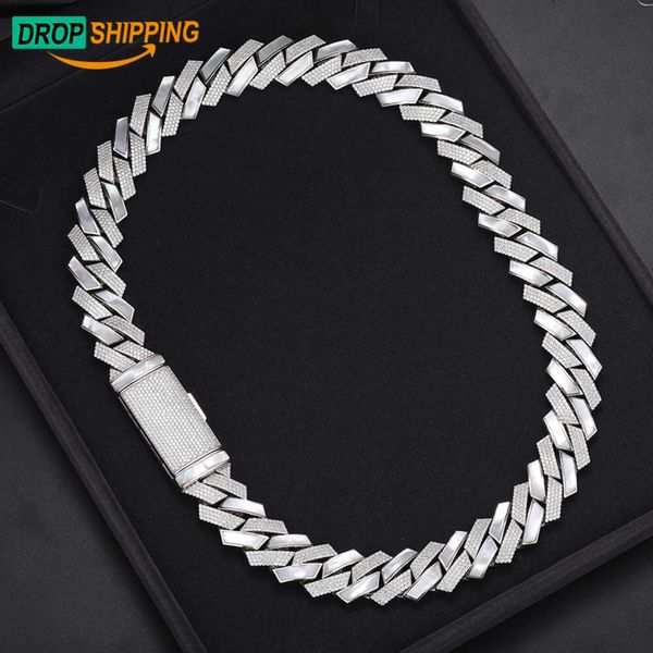 Dropshipping Rapper's Schmuck 18mm Pass Diamond Tester VVS Moissanite Sier Hand -Set Shell Out Cuban Link Chain Halskette