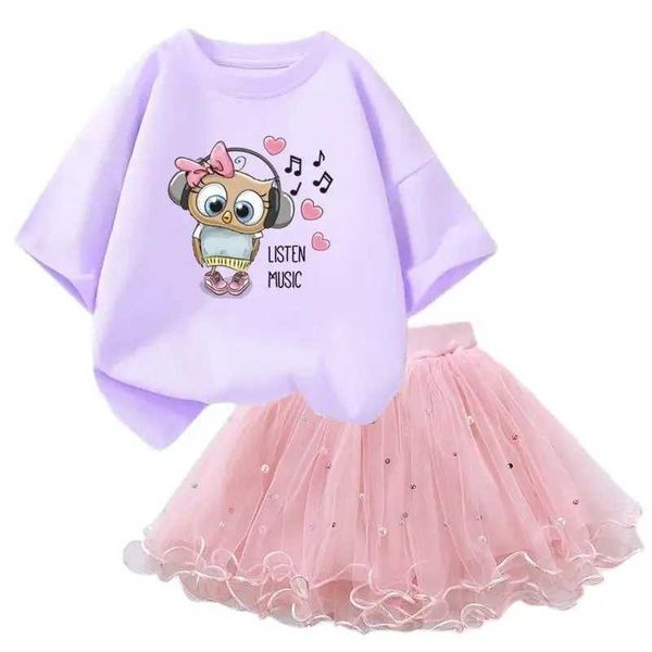 Roupas de vestuário traje de roupas de verão 2024 conjunto de roupas de coruja fofa adequado para crianças de 3 a 14 camisetas+saia tutu 2pcs meninas setl2405l2405