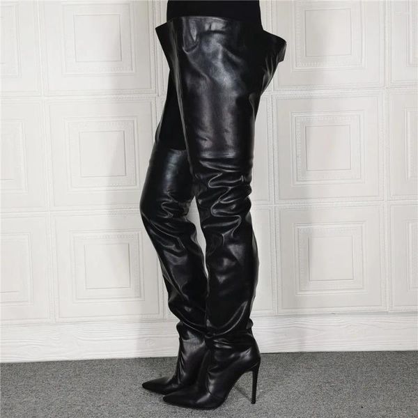 Boots Crotch com estilete saltos de salto feminino couro de inverno preto coxa de alta cosplay unissex plus size43 45 47