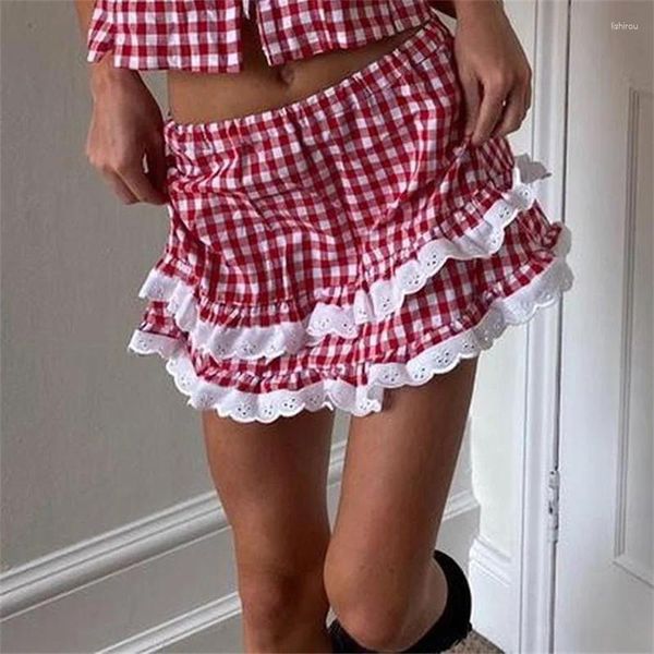 Saias Preppy Lace Hem Gingham Minissairia com camadas de camadas Sexy Cosplay Crossdress Salia Vestido de Fomens Japonês Lolita 2000 Roupas