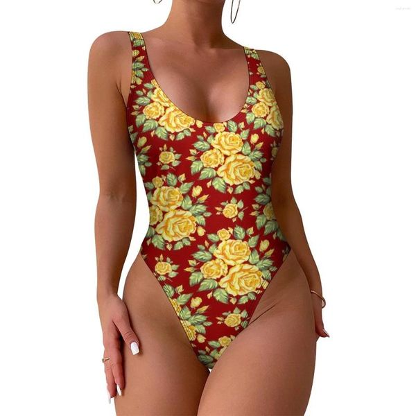 Frauen Badebekleidung Retro Rose Blumenuit gelbe Blumen Ein Stück Bad Grafik Badeanzüge Badeanzug weibliche Schubpushe sexy Strandkleidung