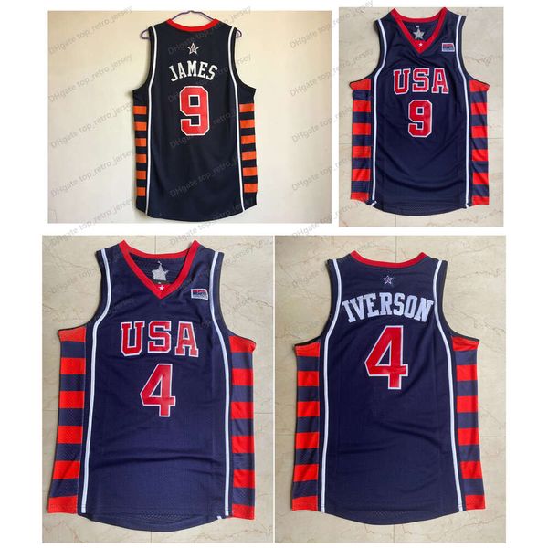 2004 Team USA LeBron James Allen Iverson Basketball Jersey Throwback Blue Size S-XXL