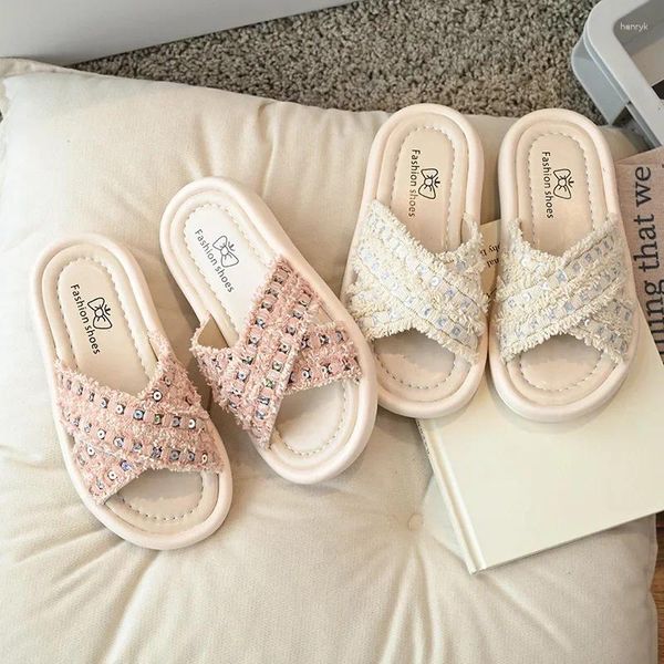 Slipper Children Slippers for Girls 2024 Summer moda moda elegante estilo coreano GLITTE DEEO GLITTE ANTI-SLIPPERY SAPATOS DE PRAIA OPENS