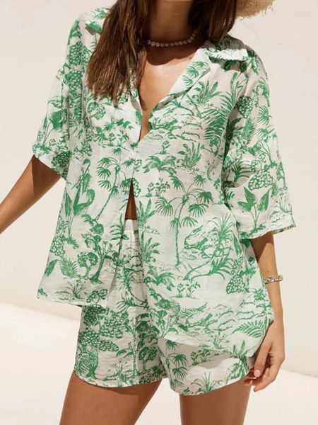 Roupas domésticas boho estilo mulheres pijamas Conjunto de 2 peças Terno de roupas de lounge folhas de árvore tampas de manga curta e shorts roupas de roupas de dormir