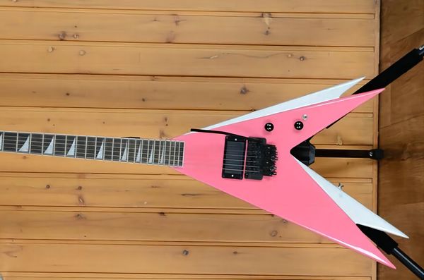 Hot Rare Vinnie Vincent Flying V Double V Pink White Electric Guitar, Floyd Rose Tremolo, Inlay Fin Shark, Pickup EMG, Hardware nero