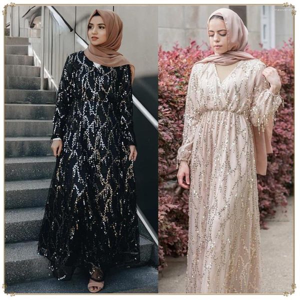 Повседневные платья моды мусульманские кимоно абая кардиган Рамадан Двойное многослойное платье с блестками для женщин Дубай Турция Иид Исламский