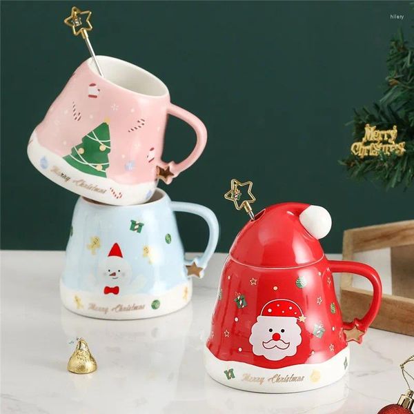 Tassen 470ml Weihnachtshut Keramik Kaffee Tasse Cartoon Santa Schneemann Lebkuchen Mann gedrucktem Milchsaftbecher Wasser mit Löffel Weihnachtsgeschenke