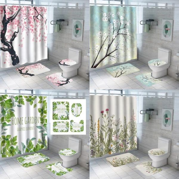 Duschvorhänge Kirschblüten Stoff Badezimmer Vorhang Sets Blumengrüne Blätter Anti-Skid Teppich Teppich Toilette Deckel Badematten