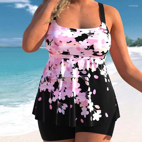 Kadın Mayo Çiçek Baskı Plus Boyut Tankini Set 2024 Moda İki Parça Mayo Bikini Yüksek Bel Plaj Kıyafetleri Mayo Takım